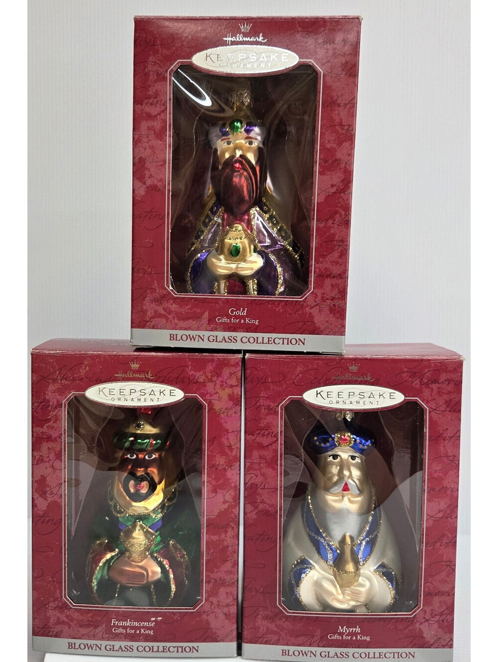 VTG Hallmark Keepsake 3 WiseMen Blown Glass Ornament Set Gold Frankincense Myrrh
